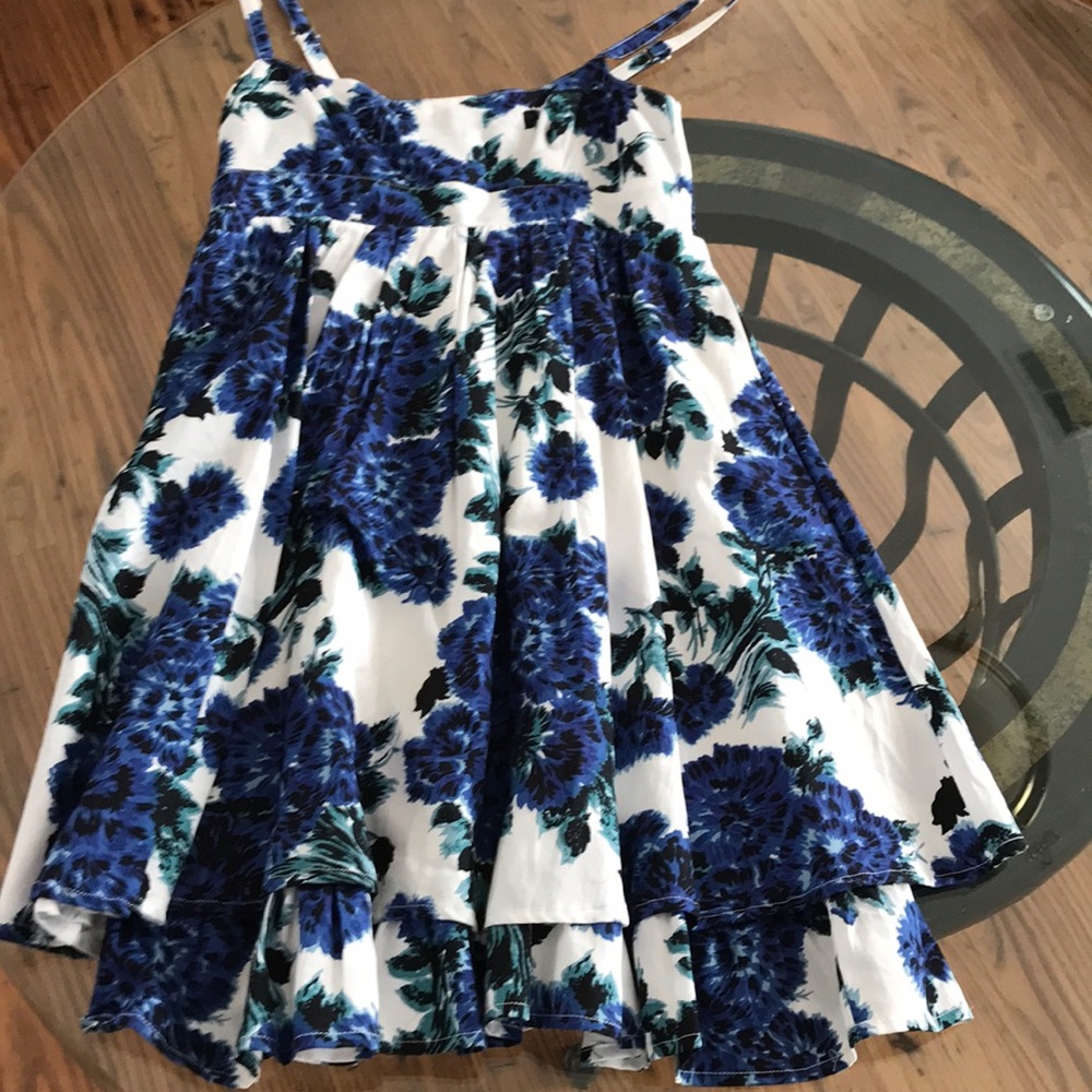 A line dress, ruched back, blue/teal over white S